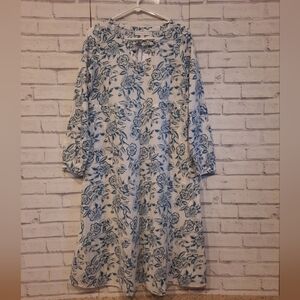 Pure Jill Women's Size XS Tunic Dress Blue White Floral Tie Neck Brand New